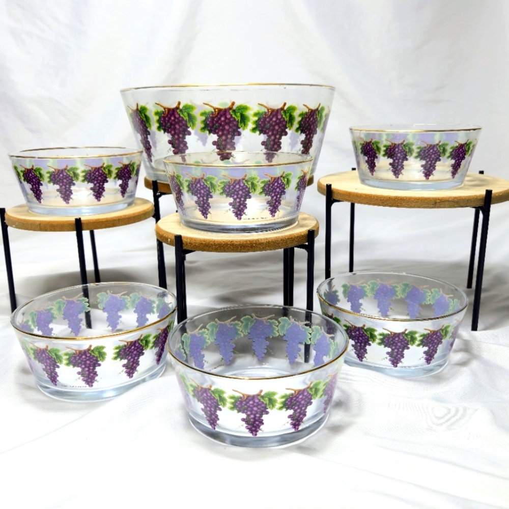 Glass Bowl Set with Grape Design